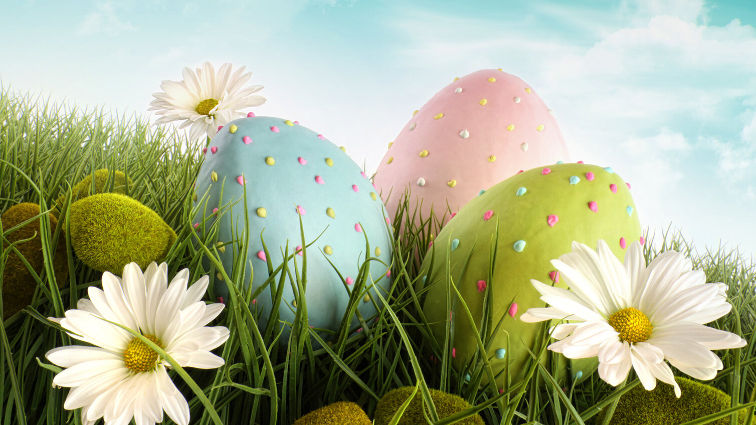 Mehrere bunte Ostereier – in Rosa, Blau und Grün – liegen im frischen grünen Gras, umgeben von weißen Gänseblümchen. Im Hintergrund ein heller Frühlingshimmel.