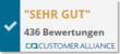 Bewertungssiegel von Customer Alliance: Links ein blaues Häkchen, rechts der Schriftzug ‚SEHR GUT‘ in Gold, darunter ‚436 Bewertungen‘ sowie das Customer-Alliance-Logo