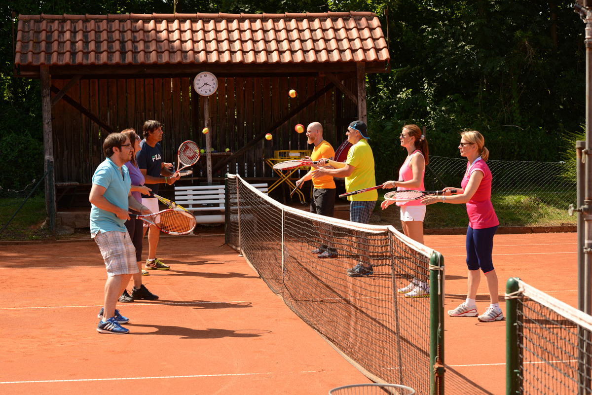 Eine Gruppe Tennisbegeisterter steht mit Tennisschlägern auf dem sonnigen Sandplatz am Netz, während einer Trainingsinstruktion im Erwachsenentraining bzw. Tenniskurse für Erwachsene im Aktiv Sporthotel Pirna, Sächsische Schweiz.