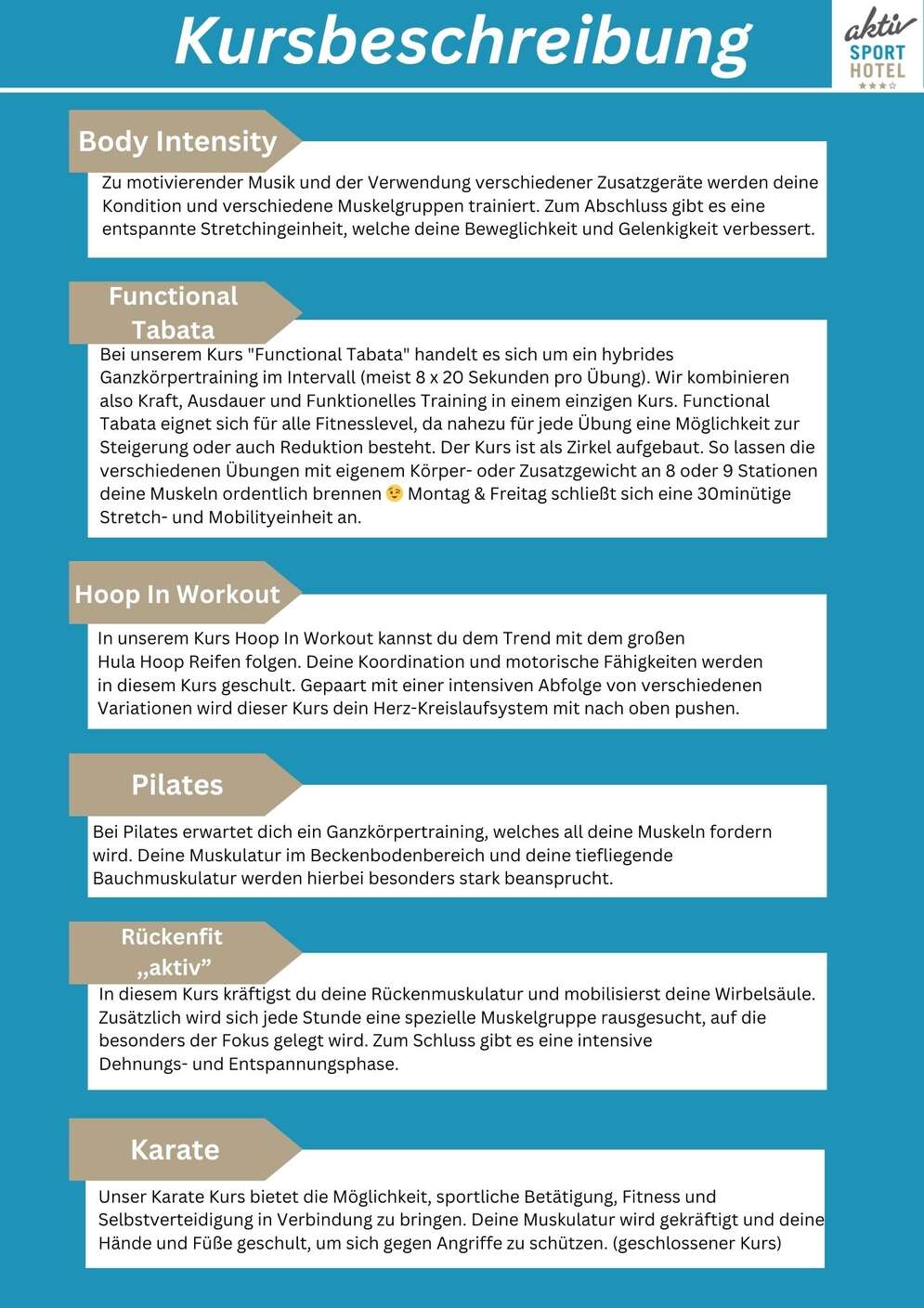 Grafische Übersicht mit dem Titel Kursbeschreibung. Die Inhalte sind in sechs Abschnitte unterteilt