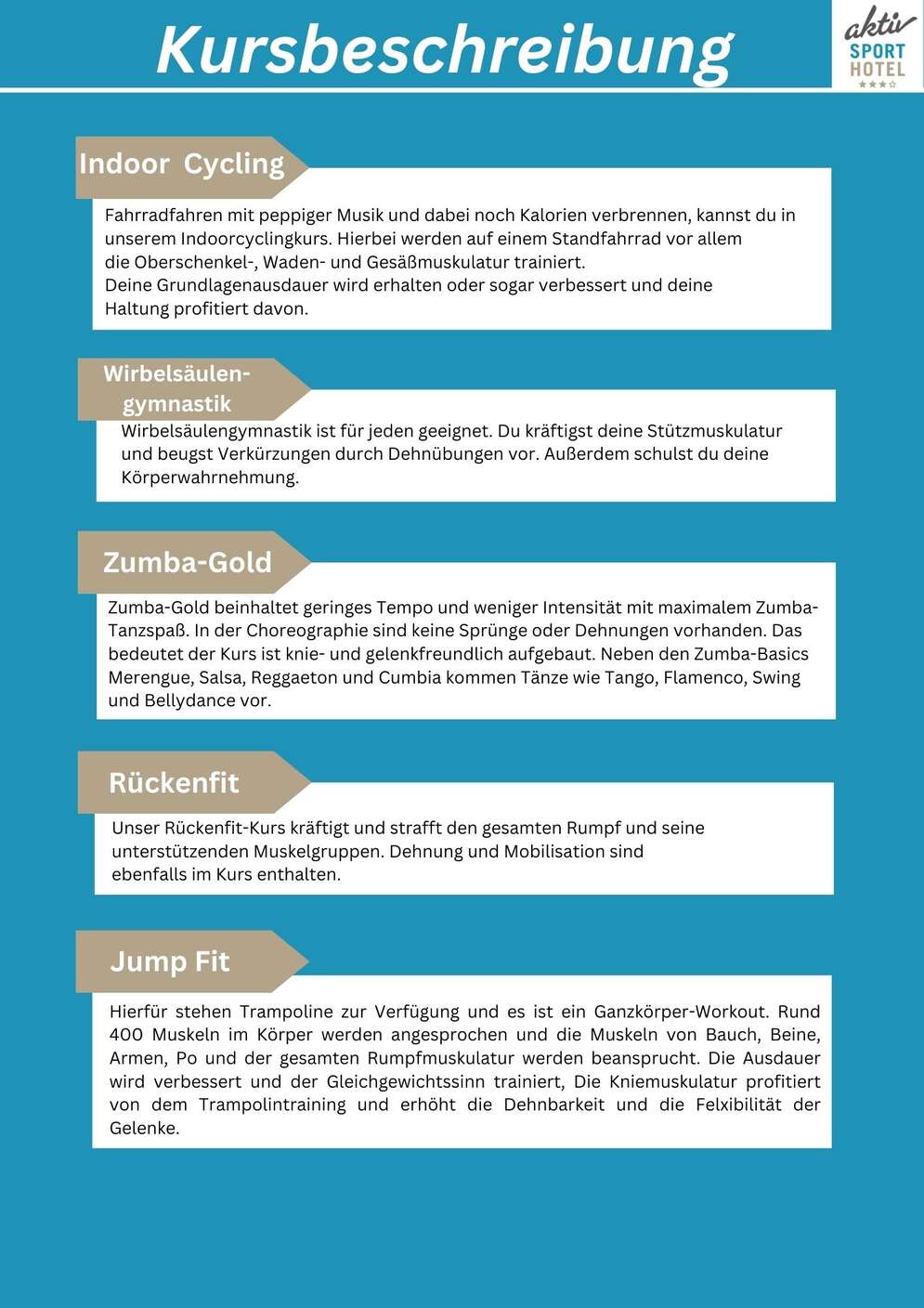 Grafische Übersicht mit dem Titel Kursbeschreibung. Die Inhalte sind in fünf Abschnitte unterteilt